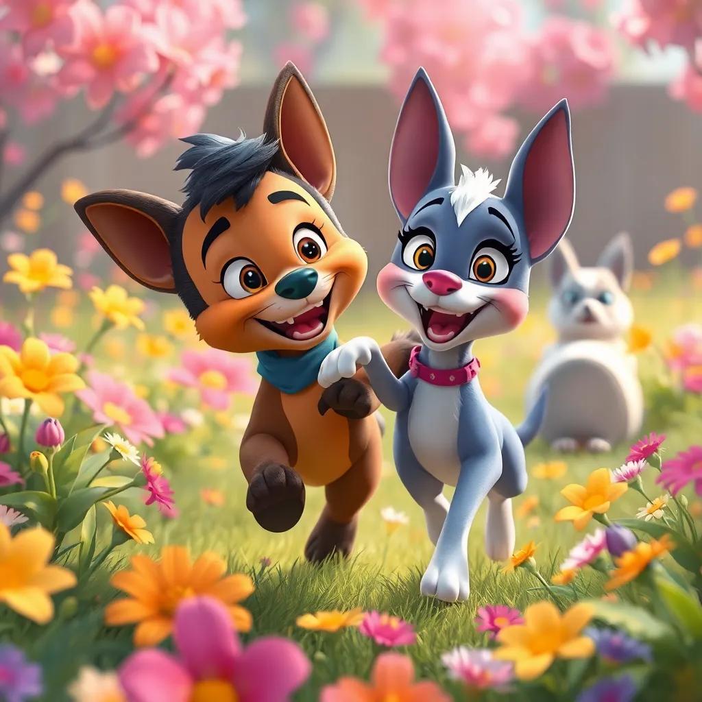 Tito y Bella jugando juntos, corriendo entre flores coloridas, riéndose, con otros animales mirándolos desde lejos, ilustración alegre y colorida, ambiente de alegría, calidad óptima