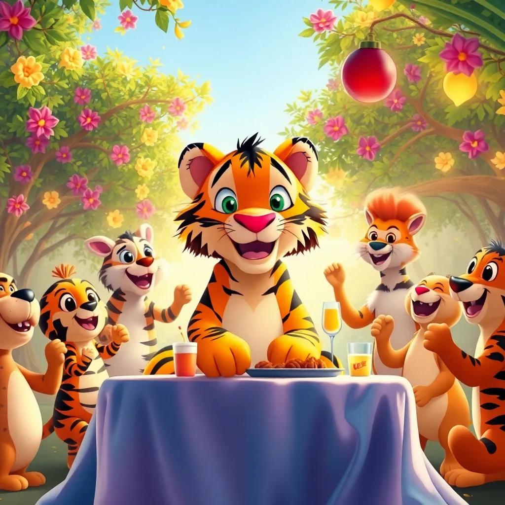 Tito el tigre y sus amigos organizando una fiesta, con comida y juegos, bajo árboles frondosos y flores, todos los animales bailando y riendo, ilustración vibrante, luz brillante, celebración alegre