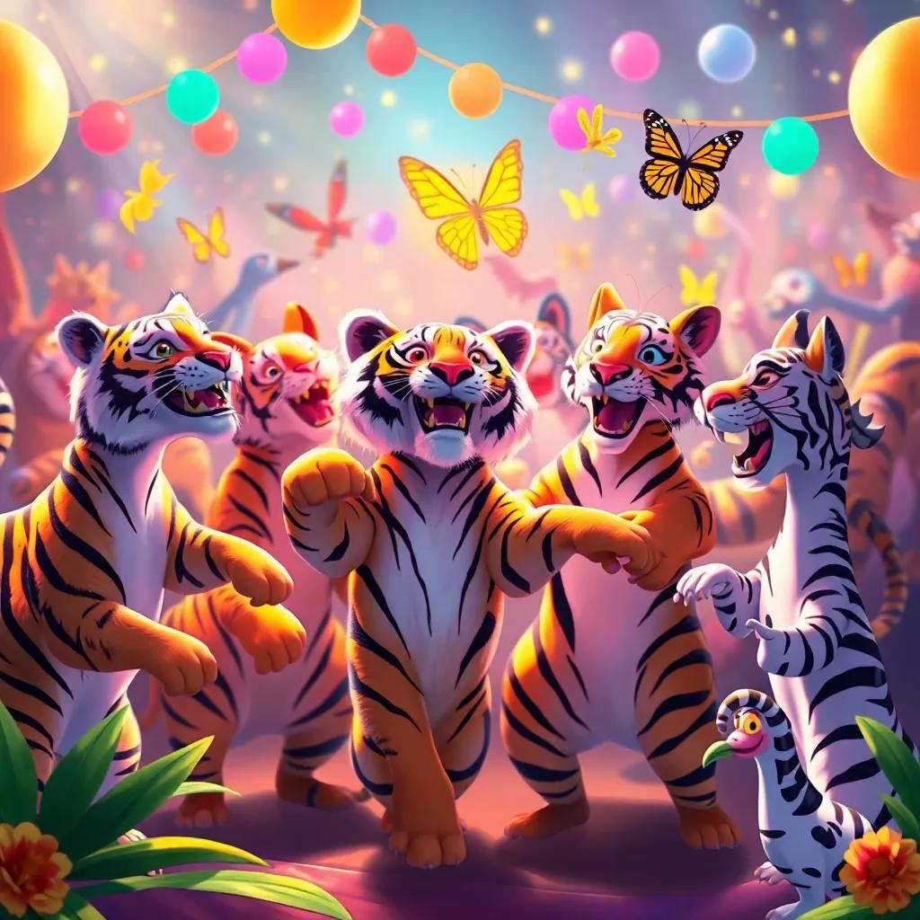 Un gran grupo de animales disfrutando juntos en la fiesta, incluidos tigres, ciervos, y mariposas, bailando y riendo juntos, en un ambiente lleno de colores vivos y felicidad, digital art, alta calidad, perfecto para niños