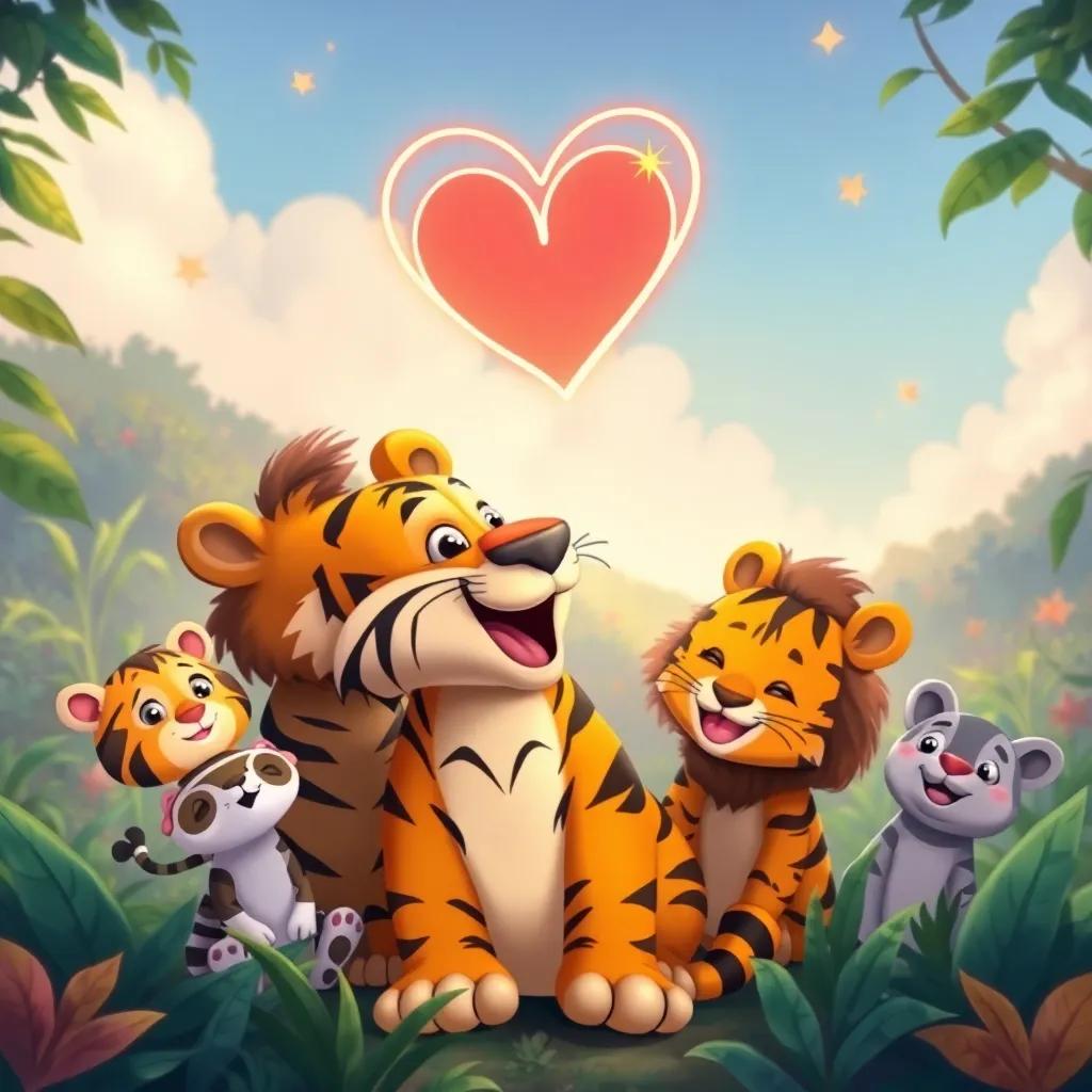 Tito el tigre, feliz y rodeado de amigos, en un colorido paisaje de la selva, con un gran corazón dibujado en el aire, simbolizando amistad y amabilidad, ilustración mágica, atmósfera soñadora, calidad infantil