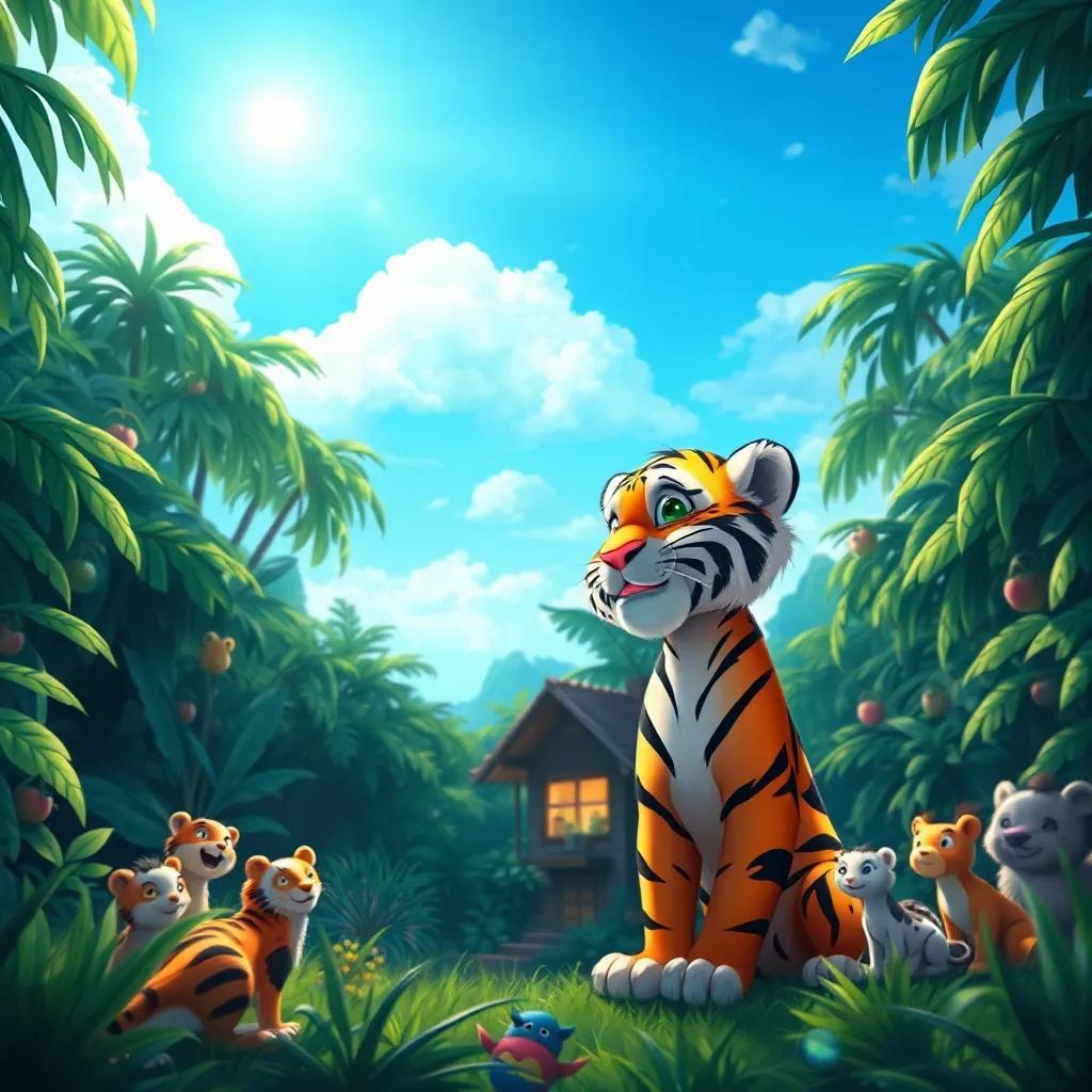 Tito el tigre mirando su hogar en la selva lleno de amigos, con una gran sonrisa en su rostro, bajo un cielo azul y brillante, digital painting, colores soleados, felicidad