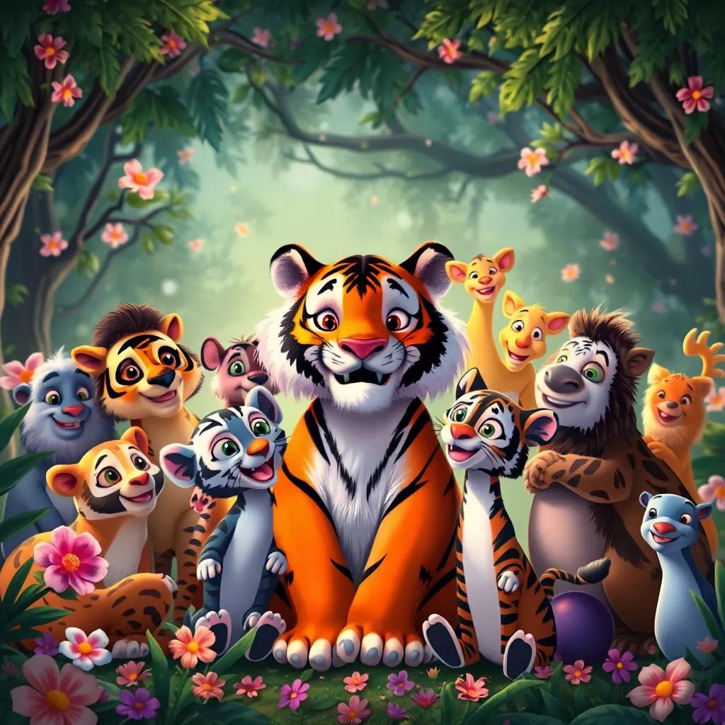 Una gran imagen donde todos los animales de la selva se reunieron alrededor de Tito el tigre, mostrando amor y amistad, con flores y árboles de fondo, celebración y alegría, ilustración vibrante, nitidez alta