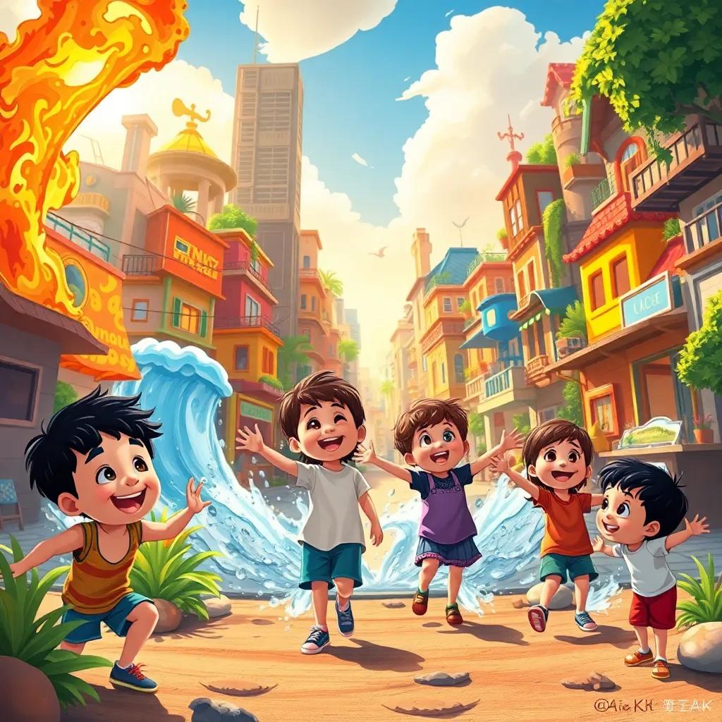A vibrant city with children playing, surrounded by elements: fire, water, earth, and air. Children are laughing, enjoying the sun, and a glimpse of adventure is in the air, digital art, colorful, cheerful atmosphere, high quality