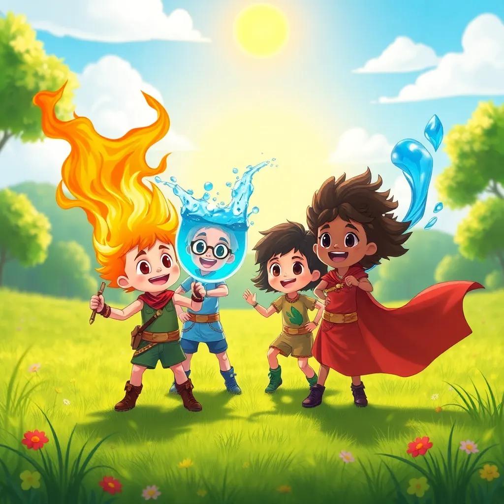 A sunny field where a tournament is taking place, children representing fire, water, earth, and air. They are in different elemental costumes, excited and ready to compete, illustration, dynamic, action-packed, bright colors