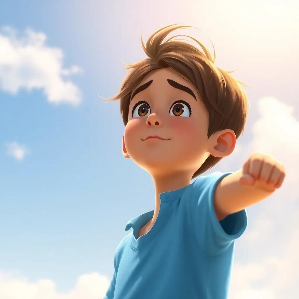 A young boy, Nicolás, with short brown hair wearing a light blue shirt, standing confidently with the wind swirling around him. He is practicing, looking determined under the bright sky, digital painting, focus on character, uplifting