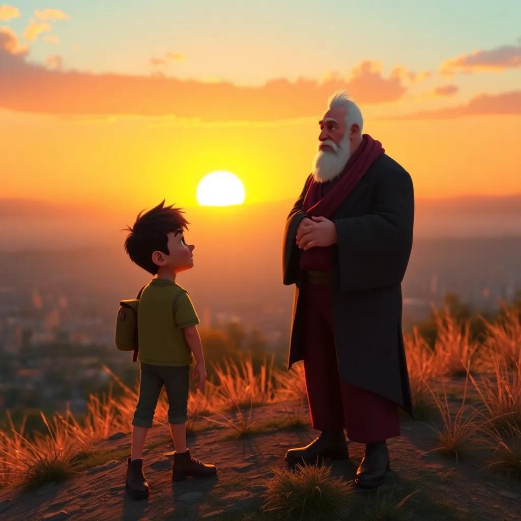 In a training scene, Nicolás is learning from an older mentor, with a gentle breeze lifting their hair. They are on a hill, overlooking the city, the sun setting in the background, heartfelt moment, warm light