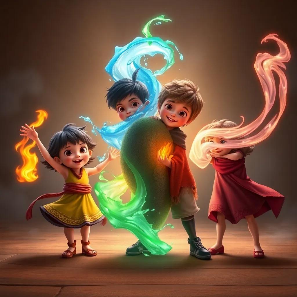 A dramatic moment where four children are working together, representing their elements. Fire is dancing, water is flowing, earth is sturdy, and air is swirling, all glowing with energy, teamwork, magical setting, digital art