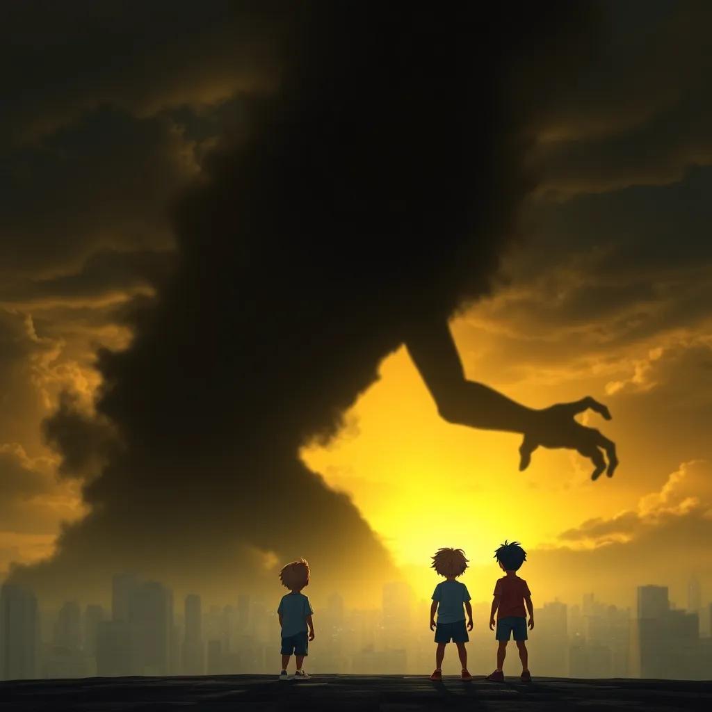 A dark shadow looming over the city, representing the threat. It looks ominous but far away, while the four children are standing strong, ready to fight. The sky is dramatically lit, illustrating importance and danger, high quality