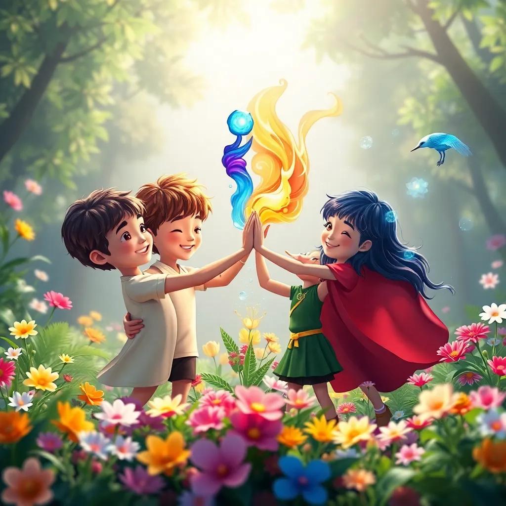 A beautiful and harmonious scene, where the four elements are working together, each child using their powers in unison, colorful plants and flowers blossoming around them. The setting is lively and encouraging, magical, bright colors