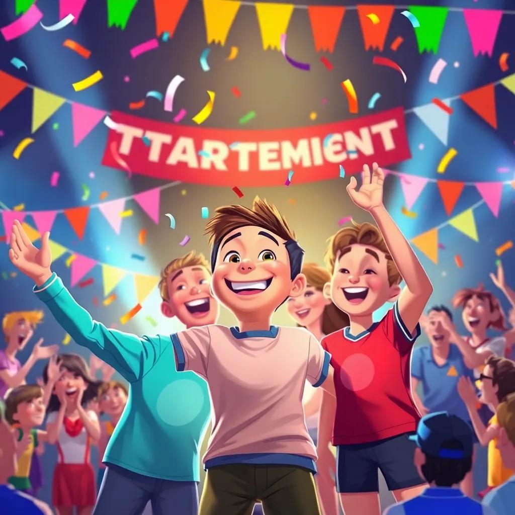 The final scene of the tournament celebration, with Nicolás smiling with his friends, confetti flying in the air, colorful banners, and everyone cheering. The atmosphere is joyful and triumphant, illustration, bright and festive