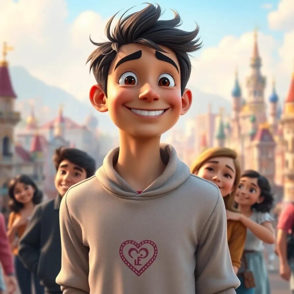 Nicolás smiling proudly, the wind lifting him slightly as he embraces his friends. The background shows their magical city, vibrant and full of life, digital art, happy and inspiring tone