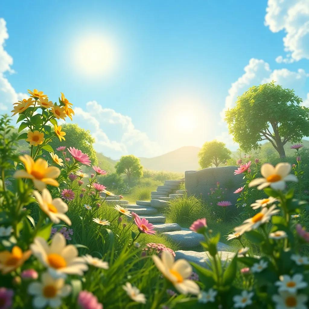 In a serene environment, showing the balance of nature, flowers blooming, the sun shining, and the elements coexisting peacefully, representing the message of unity and harmony in nature, beautiful scenery, highly detailed