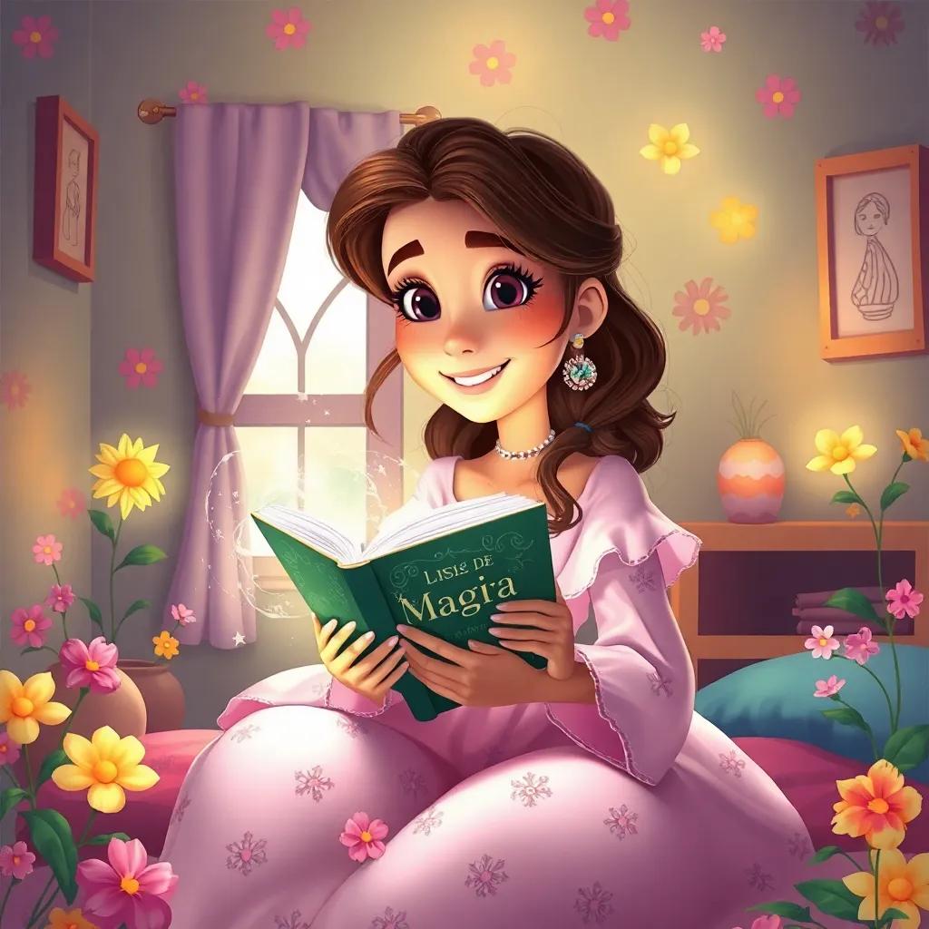 Luisa con su libro de magia, rodeada de flores que aparecen de la nada, en su habitación alegre con dibujos en las paredes, digital art, vibrante, mágico, feliz ambiente