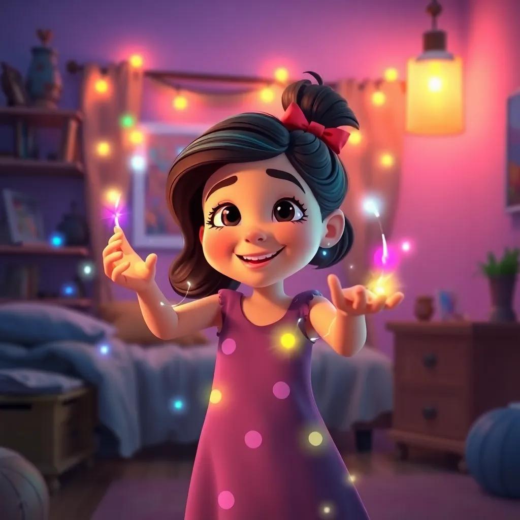 Luisa practicando trucos de magia, haciendo bailar luces en la habitación, con una sonrisa de felicidad, luz multicolor, iluminada, estilizada, ambiente animado, ilustración