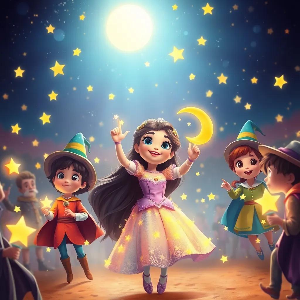Luisa en el torneo de magia, vestida de estrellas y luna, con otros niños magos alrededor, un gran escenario lleno de hechizos volando, digital art, emocionante, colorido, alegre