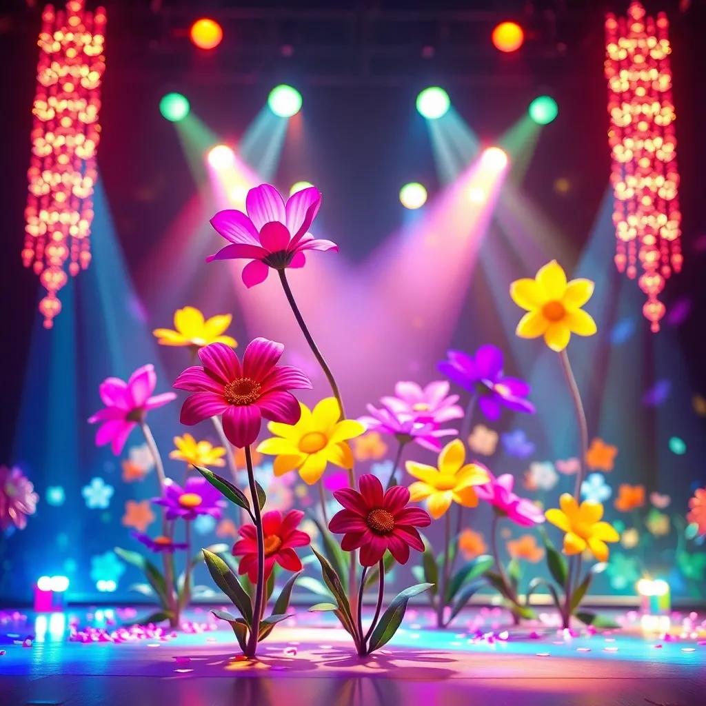 Un espectáculo de flores danzando, con luces brillantes y colores variados, en un escenario grande, luces que brillan, lleno de magia, atrayente, colorido
