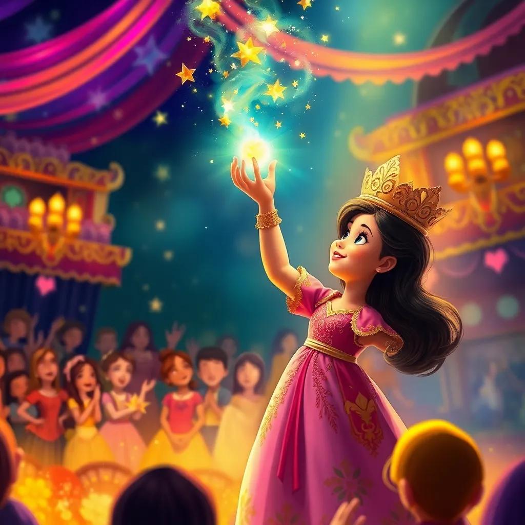 Luisa levantando su varita dorada, creando un hermoso espectáculo de magia, la audiencia aplaudiendo, muchos colores brillantes, digital painting, festivo, vibrante, alegre