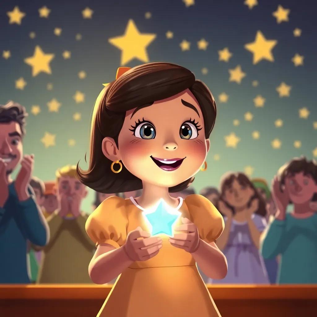 Luisa, sorprendida y feliz, al recibir la varita dorada como ganadora, todos alrededor aplaudiendo, un fondo de estrellas brillantes, ilustración, cálida, alegre, inspiradora