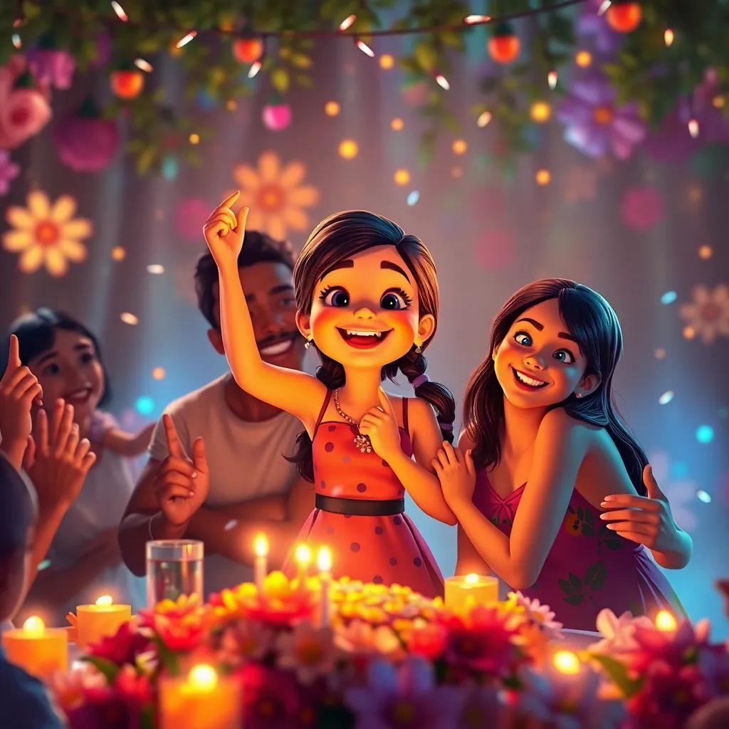 Luisa celebrando con amigos, rodeada por un entorno mágico, haciendo vibrar las luces y las flores junto a su familia, ambiente de celebración, alegre, colorido, digital art
