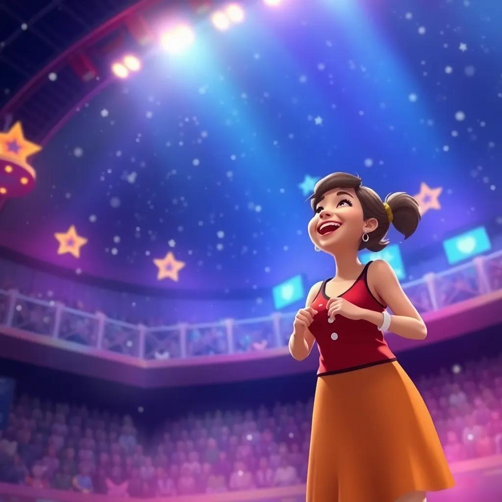 Luisa en el escenario, expresando su felicidad tras ganar el torneo, un fondo lleno de estrellas y magia, ambiente encantado, colorido, ilustración