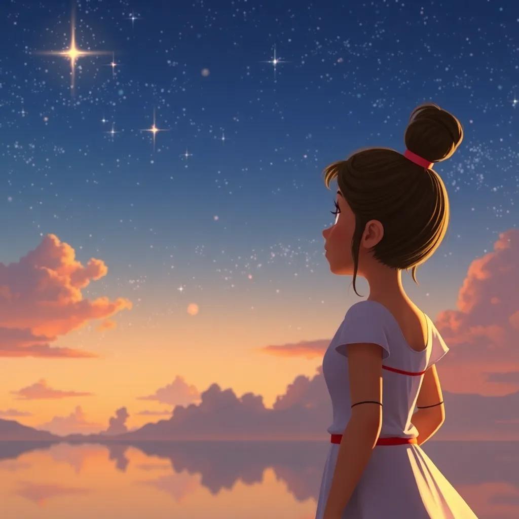 Luisa mirando al horizonte, soñando con nuevas aventuras mágicas, mientras sostiene su varita dorada, un cielo estrellado, cálido, reflexivo, digital art