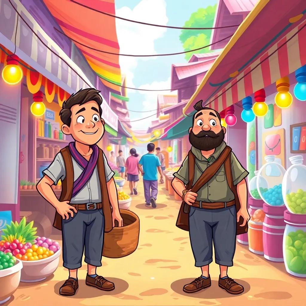 Two men in a small village, one hardworking and one lazy, in a busy market street filled with colorful stalls, bright and lively atmosphere, digital art, vibrant colors, cheerful scene, engaging perspective, high quality
