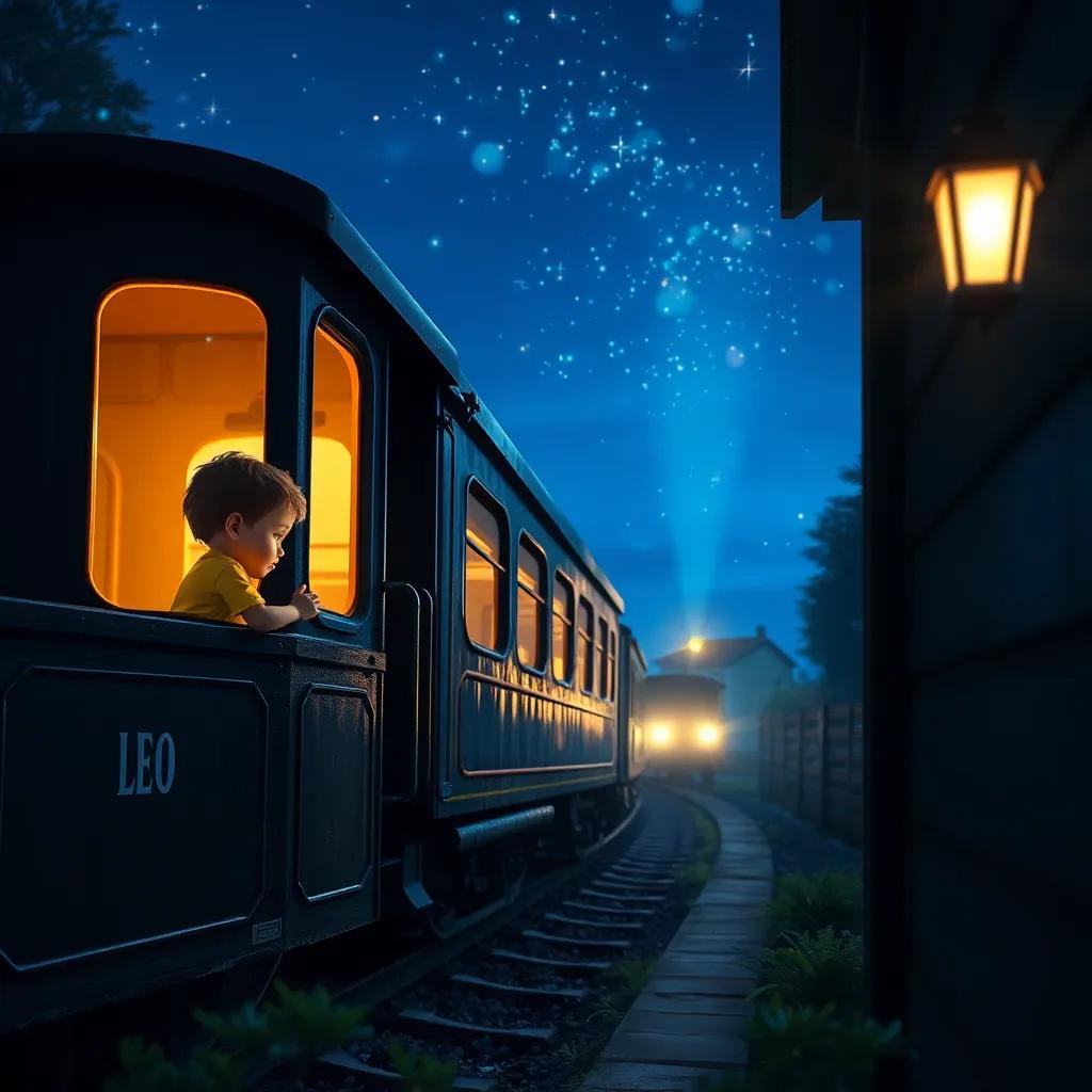 Una noche estrellada con un niño llamado Leo mirando por la ventana, un tren mágico iluminado y sonando que aparece, digital art, brillante, mágico, perspectiva encantadora