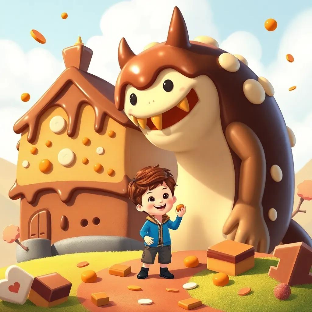El País de los Dulces con todo hecho de chocolate y caramelos, un niño y una golosina gigante que le da un dulce, colorido, feliz, ilustración de cuento