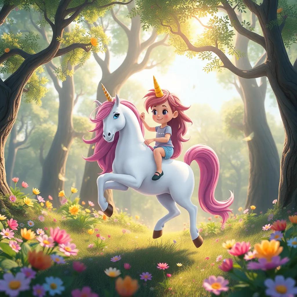 Un bosque encantado con árboles altos y flores bailando, Leo montando un hermoso unicornio, lleno de brillo y color, estilo fantástico, amable, mágico