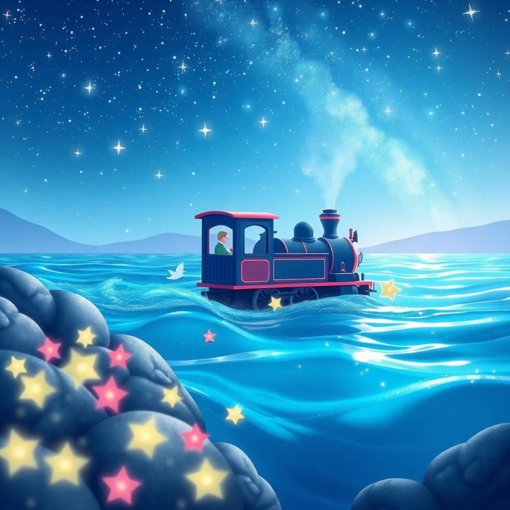 El mar de estrellas donde el tren navega, sirenas nadando felices alrededor del tren, alegre, festivo, ilustración infantil, azul brillante