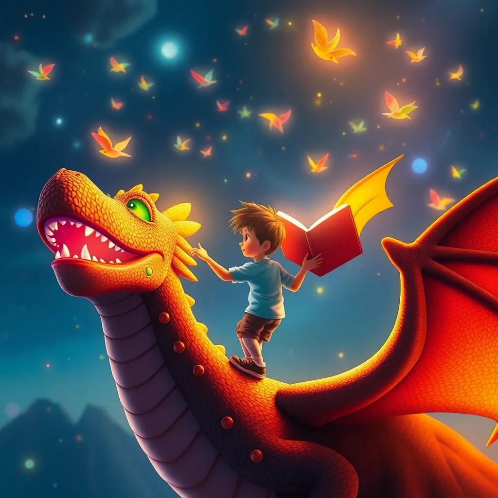 Una montaña de los sueños con cuentos voladores, cada cuento brilla y tiene colores vivos, un niño eligiendo un cuento sobre un dragón, mágico, colorido, imaginativo