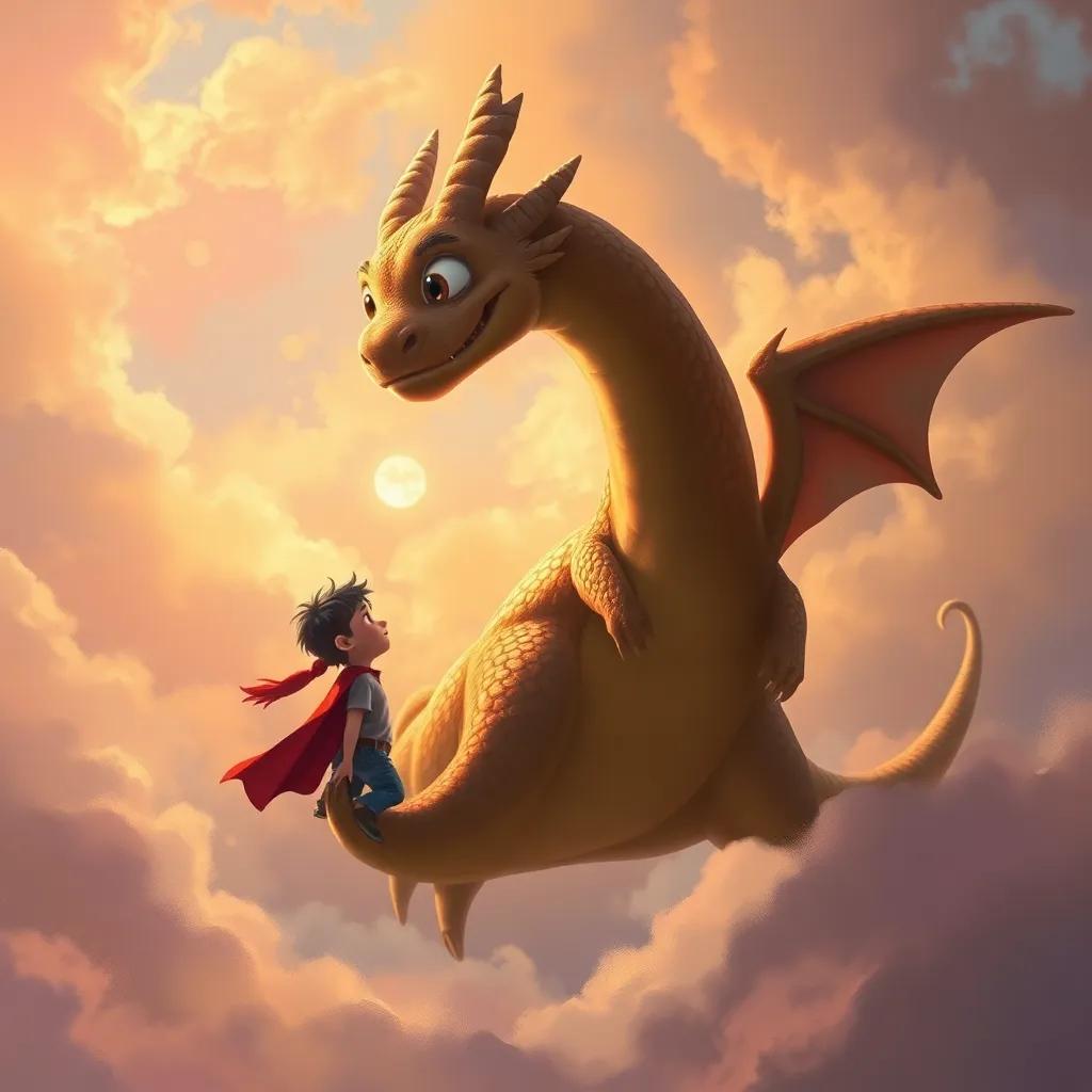 Un dragón grande y amistoso volando por encima de un niño en nubes de colores, dejando un rastro de brillo, encantador, amistoso, digital painting