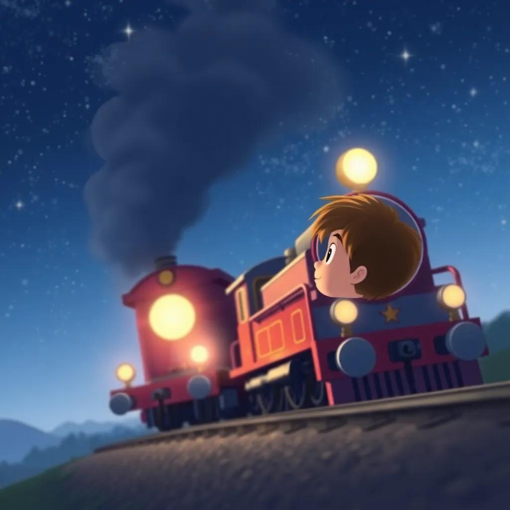 El tren comenzando a regresar, Leo mirando hacia atrás, un fondo estrellado y mágico, un aire de despedida pero con alegría, nostálgico y hermoso, suave, ilustración