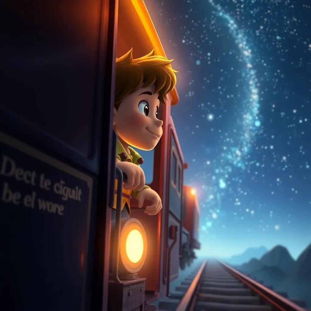 Leo saliendo del tren mágico y mirando hacia el cielo, el tren desapareciendo en las estrellas, lleno de esperanza y nuevos comienzos, iluminado, soñado, digital art