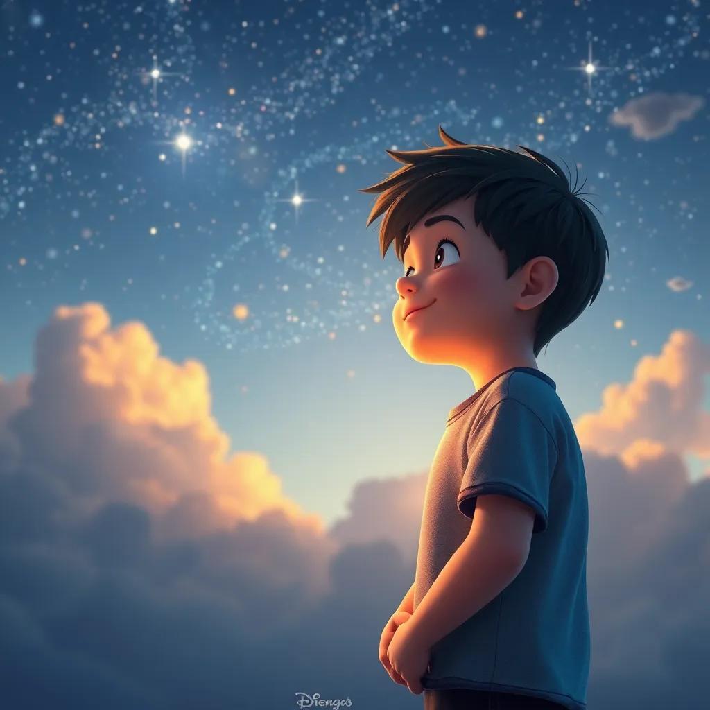 El niño mirando los cielos estrellados sonriendo, sabiendo que el tren de los sueños vendrá otra vez, esperanza, luz suave, mágico, inspirador