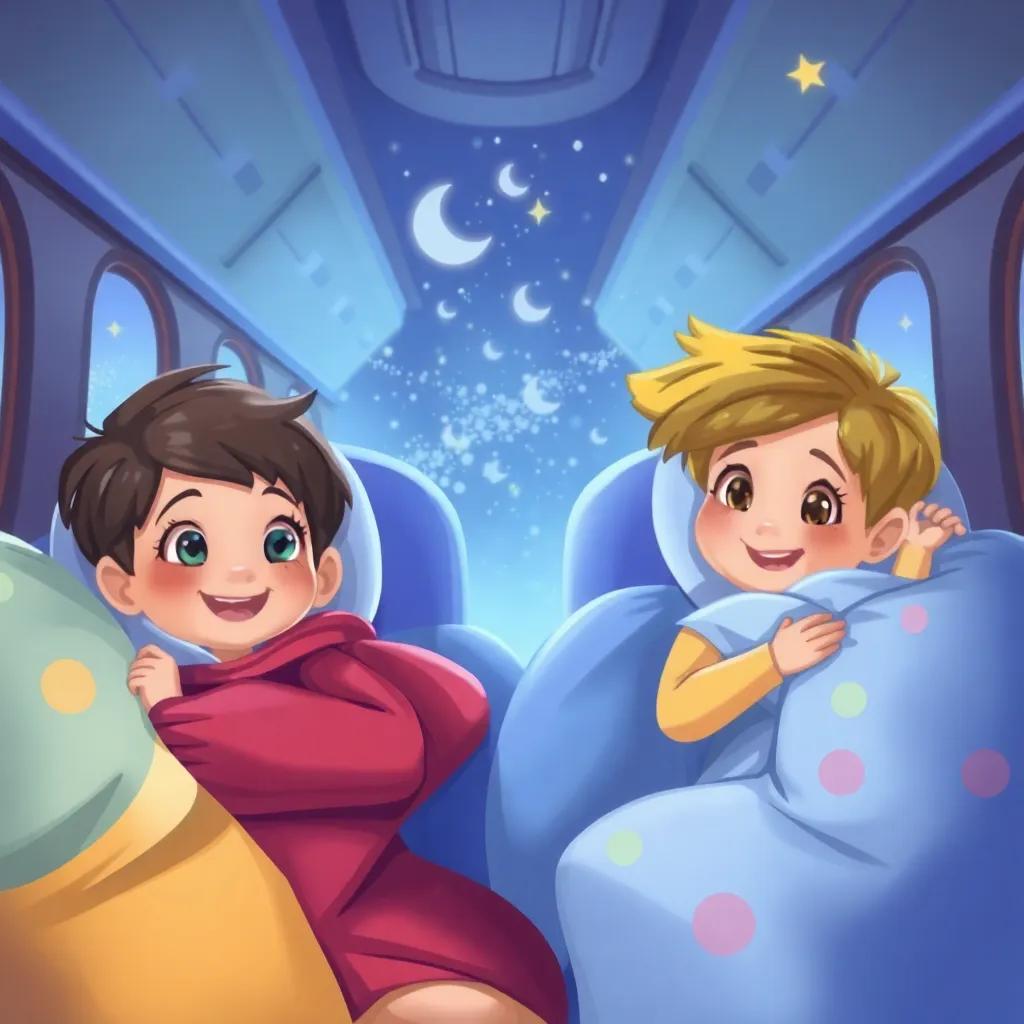Dentro del Tren de los Sueños, niños emocionados, rodeados de almohadas flotantes y dulces de arcoíris, con sonrisas amplias y ojos brillantes, ilustración, colorida, mágica, cálida, alta calidad