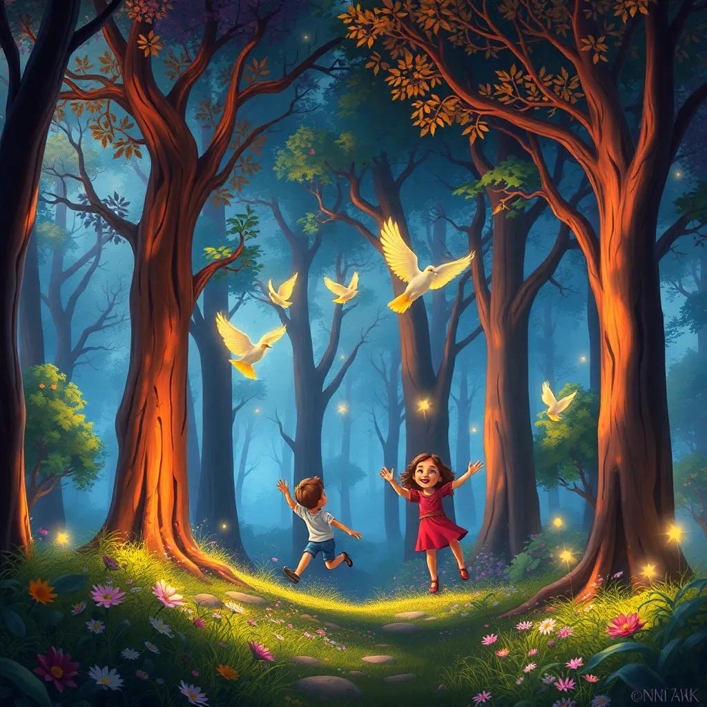 Un bosque encantado lleno de árboles altos y colores vivos, con niños volando junto a hadas brillantes que danzan y cantan, digital painting, mágico, encantador, alegre, alta calidad