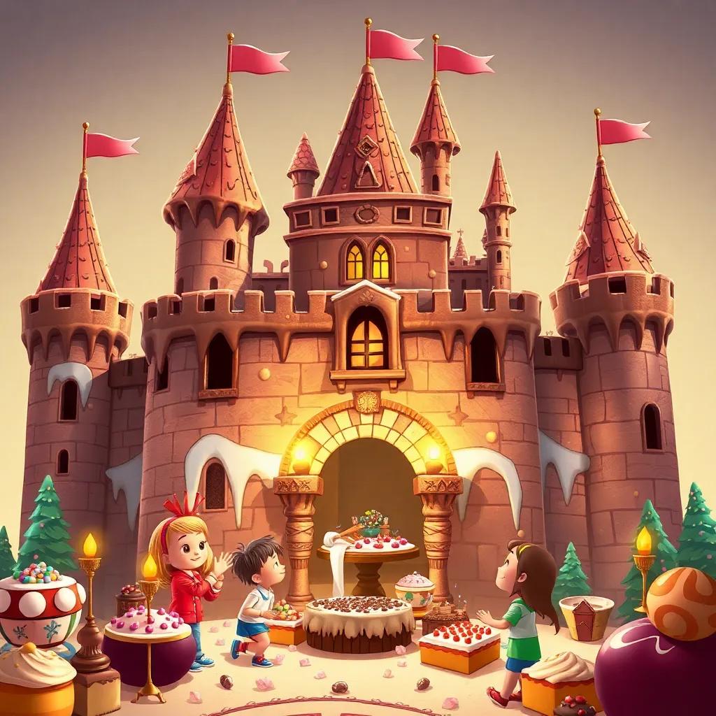 Un castillo de chocolate, con muros de diferentes tipos de chocolate, niños disfrutando de un banquete de postres y dulces, ilustración, deliciosa, colorida, fantástica, alta calidad