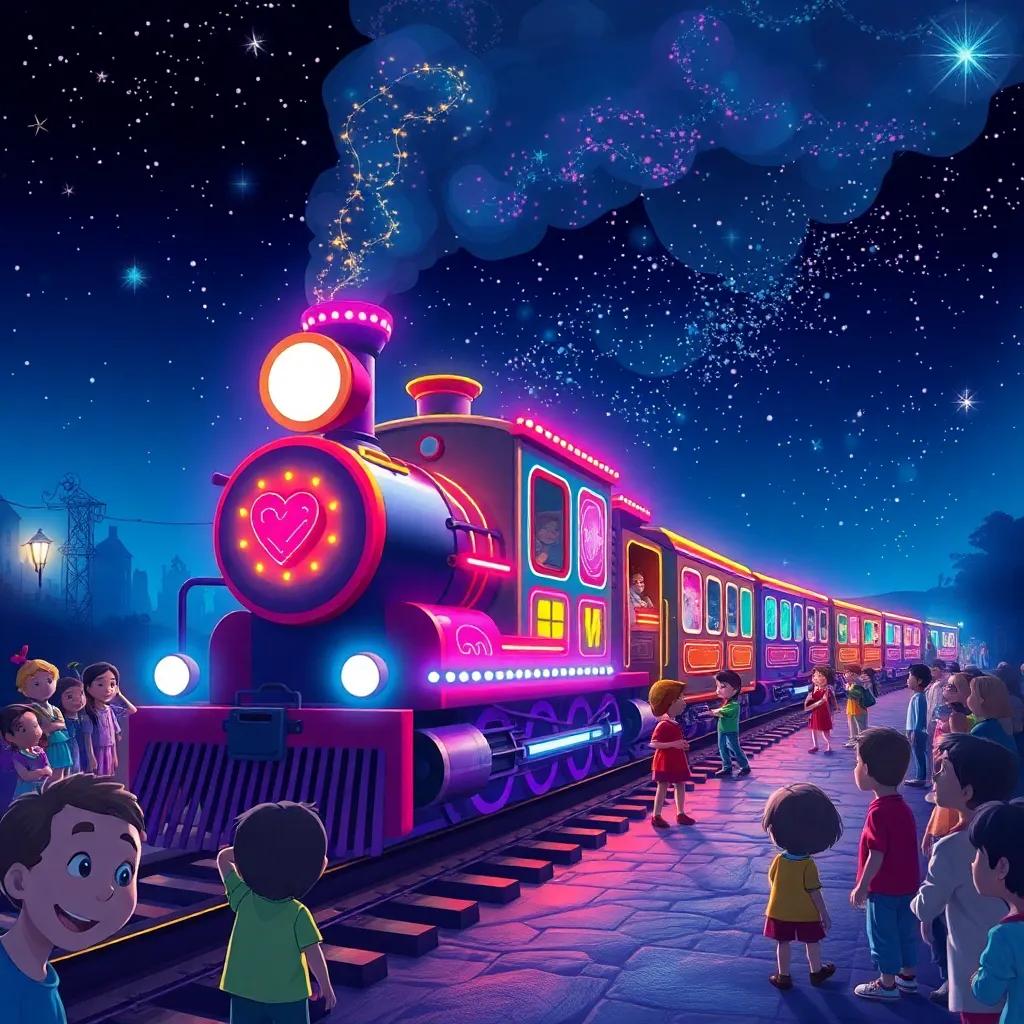 Un tren mágico con luces de colores brillantes emergiendo en una noche estrellada, una multitud de niños curiosos alrededor, mágico y colorido, ilustración digital, cálida y acogedora, perspectiva animada, alta calidad