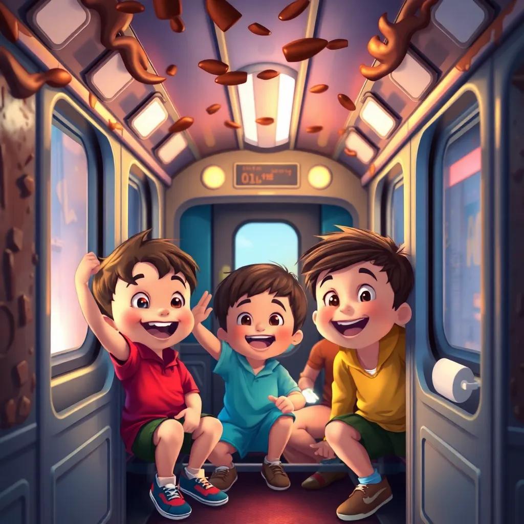 Niños emocionados dentro de un vagón de tren, con paredes de chocolate y juguetes que hablan, diversión y asombro, alegre ilustración, colores vibrantes, perspectiva interior, alta calidad