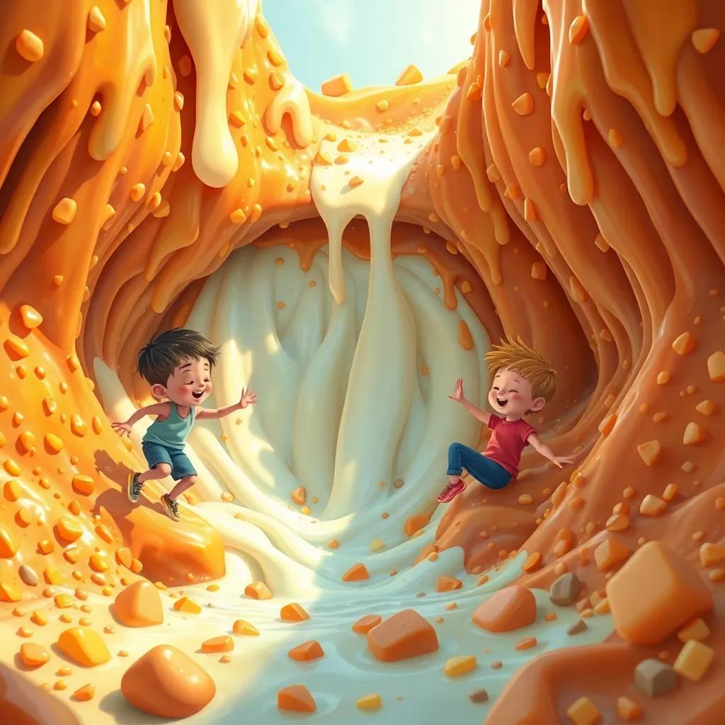 Niños jugando en una montaña de caramelos, riendo bajo una cascada de leche de fresa, felicidad y diversión, ilustración vibrante, colorido, perspectiva amplia, alta calidad
