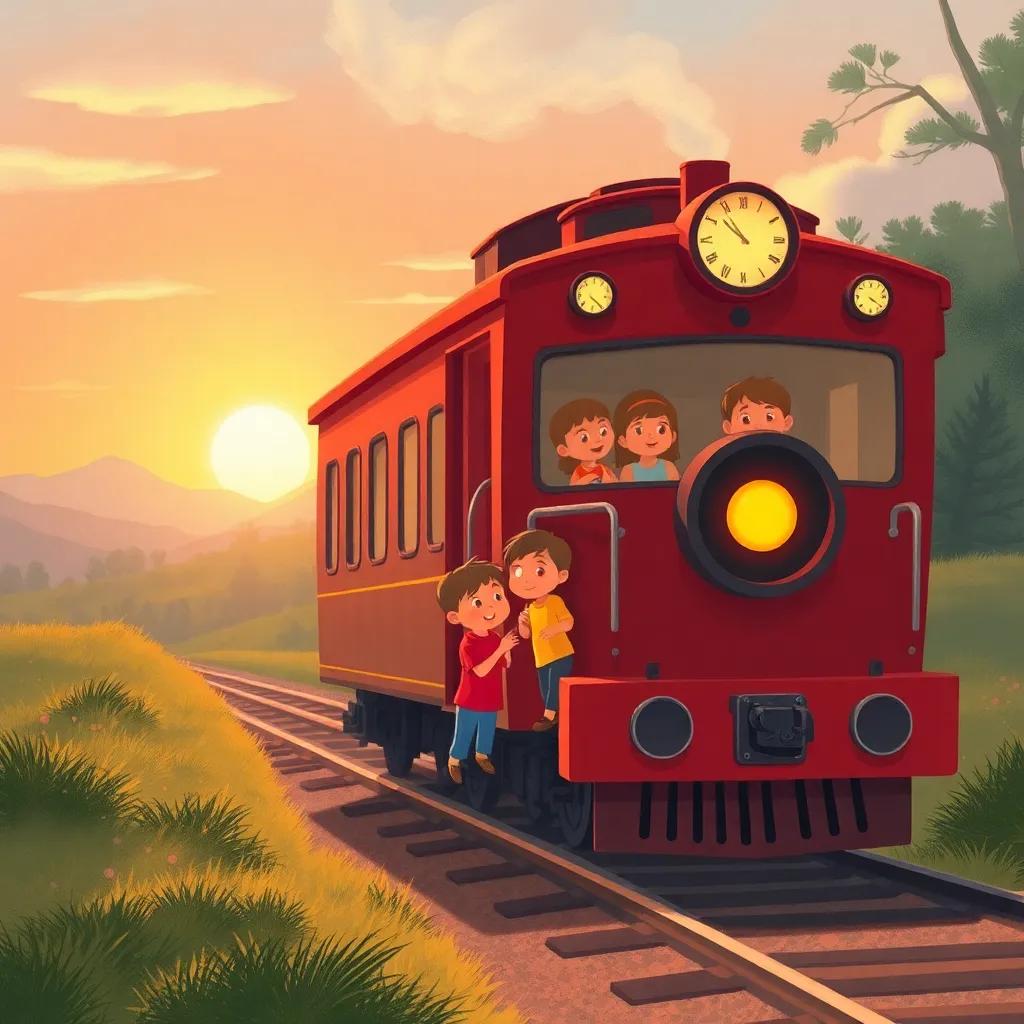 El tren mágico regresando a casa con niños felices mirando por la ventana, el sol saliendo en el fondo, cálido y nostálgico, ilustración digital, colores suaves, perspectiva acogedora, alta calidad