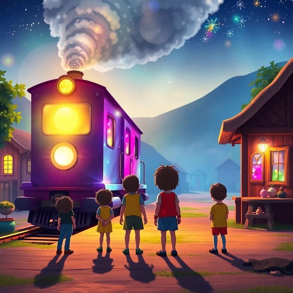 Un brillante tren mágico en la estación de un pueblo pequeño, con cuatro niños mirándolo asombrados, luz de colores desde las ventanas, atmósfera mágica, ilustración vibrante, estilo encantador