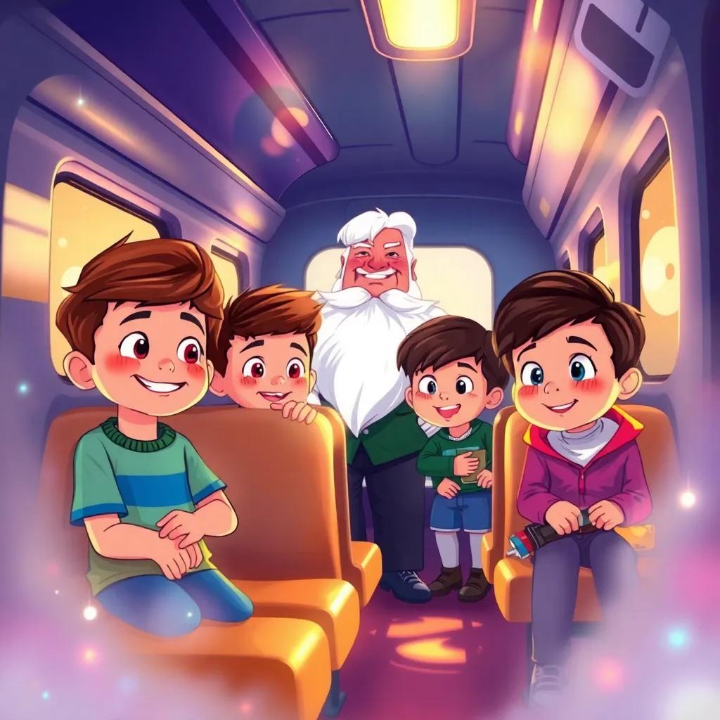 Los niños dentro del tren, con asientos dorados y un conductor anciano con barba blanca, luces brillantes reflejadas en el interior, ambientes mágicos, ilustración amigable, colores cálidos