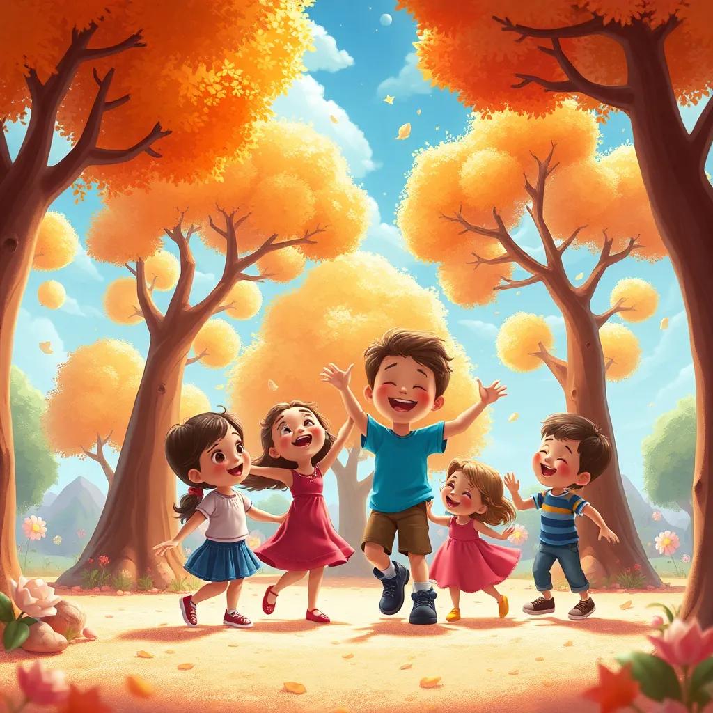 Un mundo de árboles de caramelo y cielo de algodón de azúcar, los niños riendo y bailando, ambiente de alegría y maravilla, colores vivos, estilo caricaturesco