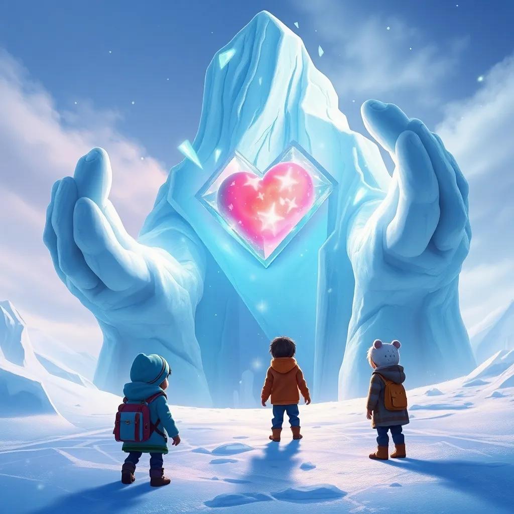 Un gigante de hielo altísimo con manos frías y corazón de cristal, los niños mirándolo desafiantes, fondo nevado, ambiente de fantasía, ilustración detallada