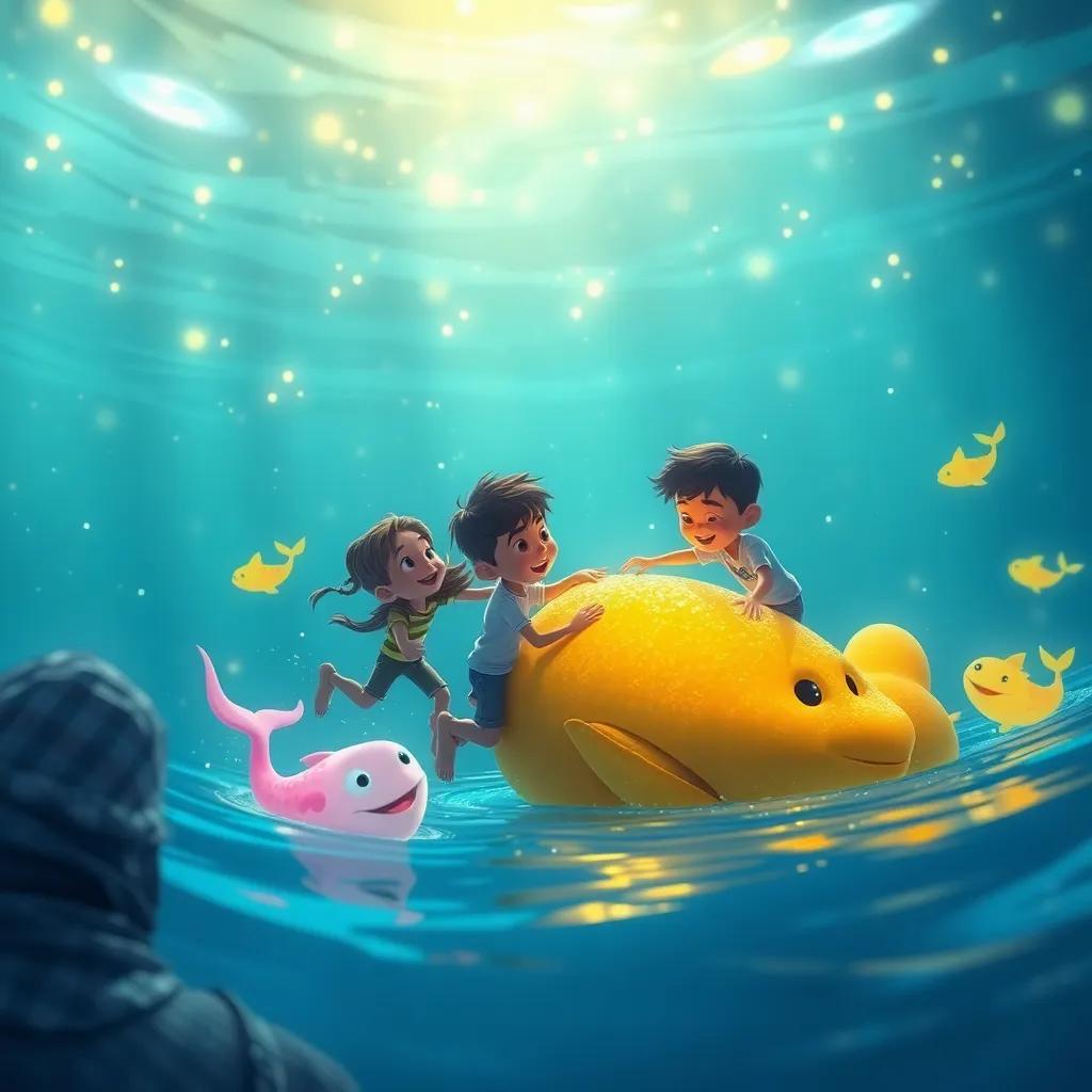 Los niños ayudando a un pez dorado en un océano de luces brillantes, ambiente de aventura, criaturas luminosas nadando alrededor, ilustración mágica y alegre