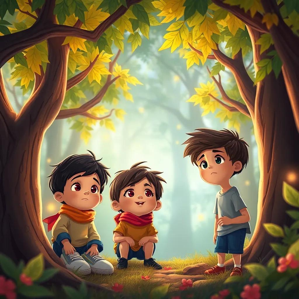 Los niños en un bosque encantado, rodeados de árboles que hablan, expresiones de asombro en sus rostros, colorido y vibrante, estilo de fantasía