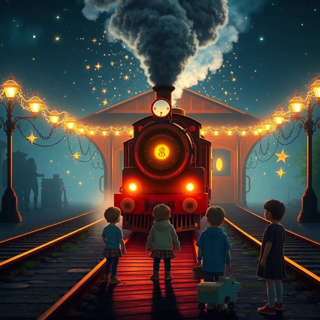 El tren parado frente a una estación mágica, con los niños mirándola, entre luces brillantes y símbolos de magia, escena final, estilo encantador