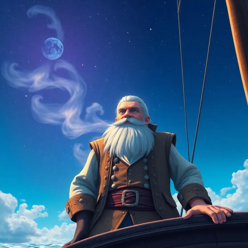 A beautiful fantasy sky with a deep blue color, featuring an old captain, Nubes, with a long white beard like steam, wearing a vest decorated with star maps, sailing on his ship Aventurero Celestial, digital art, bright colors, whimsical atmosphere, high quality
